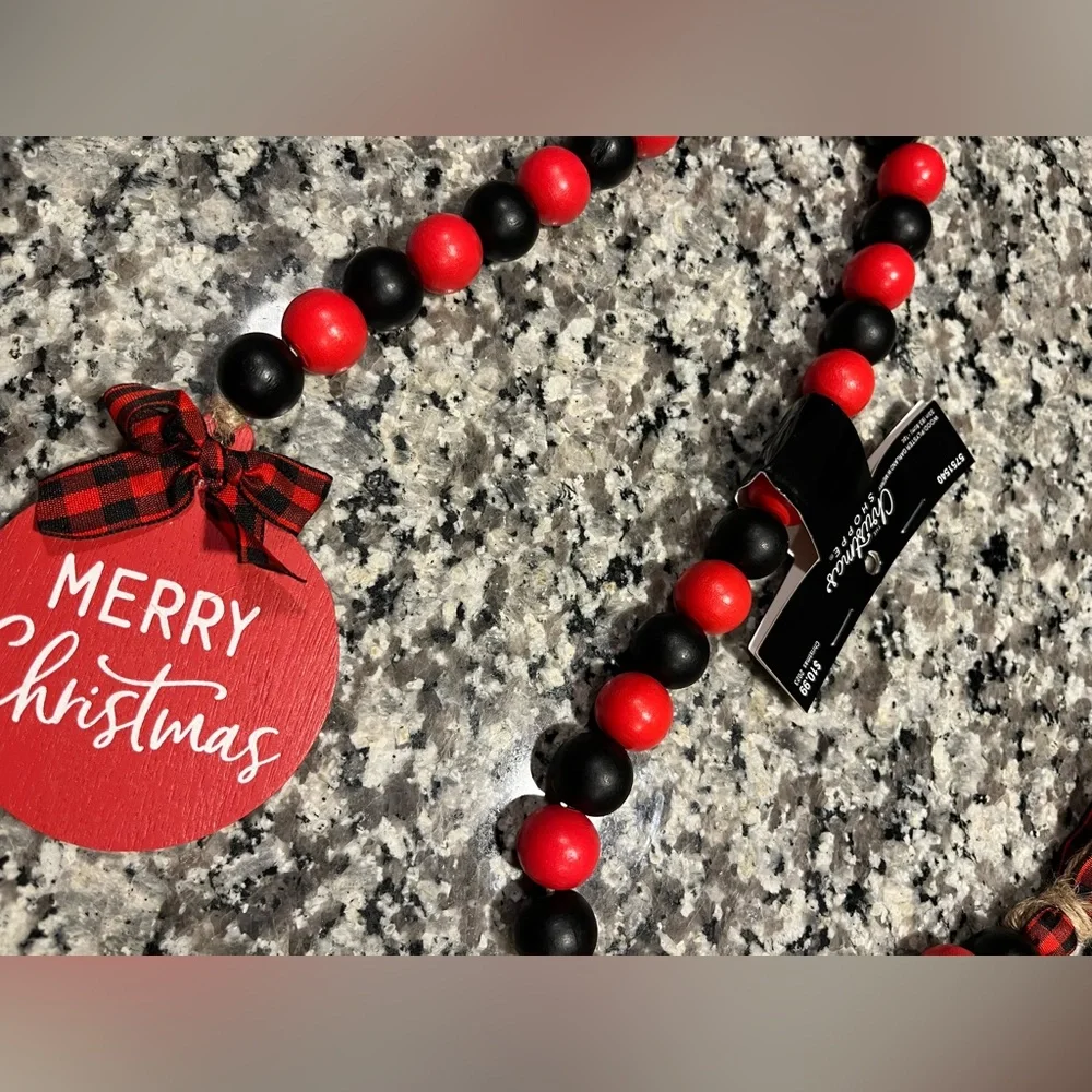 New! Red and black decorative decor, merry Christmas wooden bead garland
